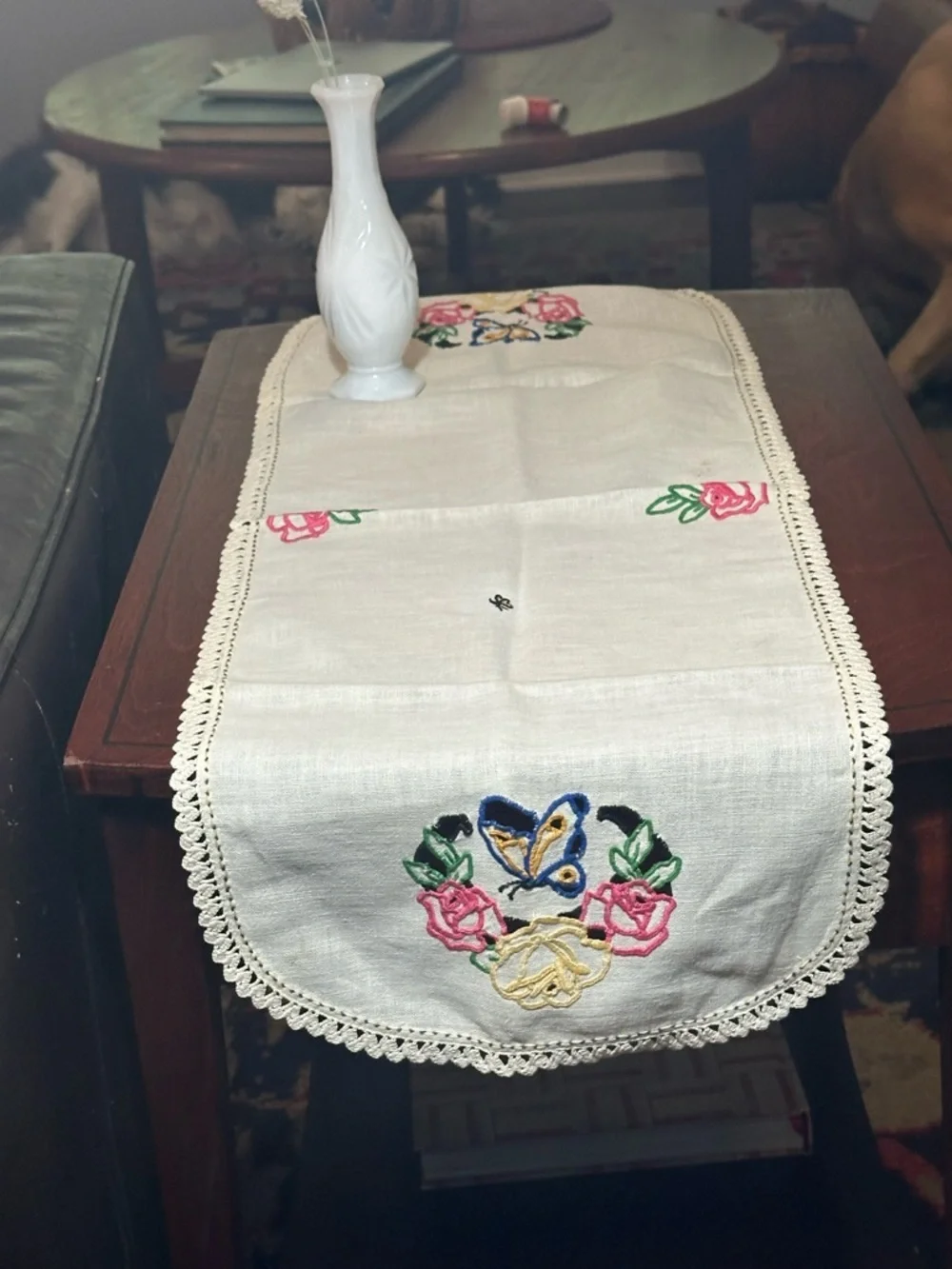 Vintage Embroidered Butterfly & Rose Table Runner -